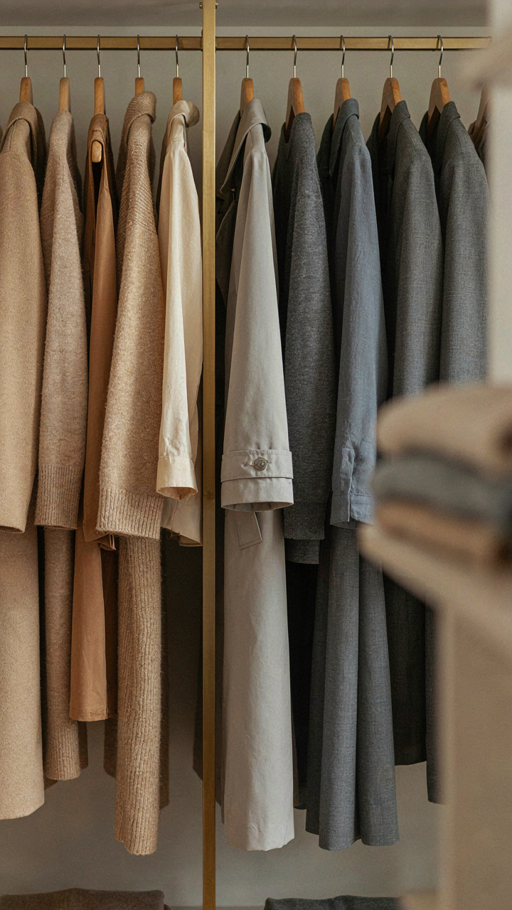 Neatly organized closet with clothes separated by warm and cool undertones.