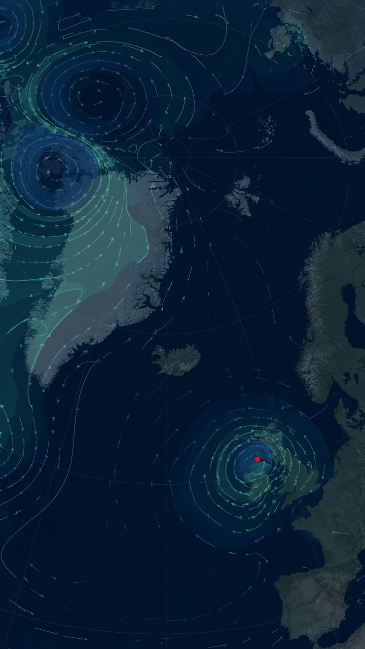 A weather map shows storm systems rotating over the North Atlantic near Iceland.