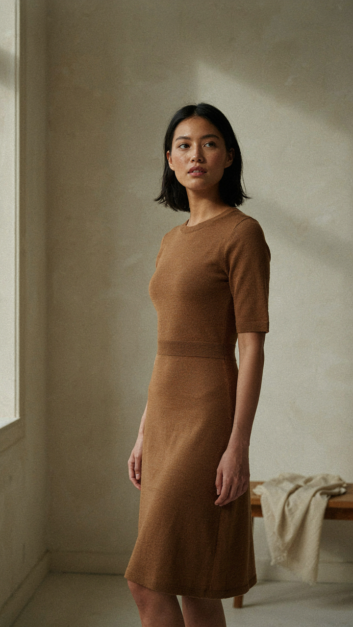 A person confidently wears a structured merino wool dress that highlights their shape.