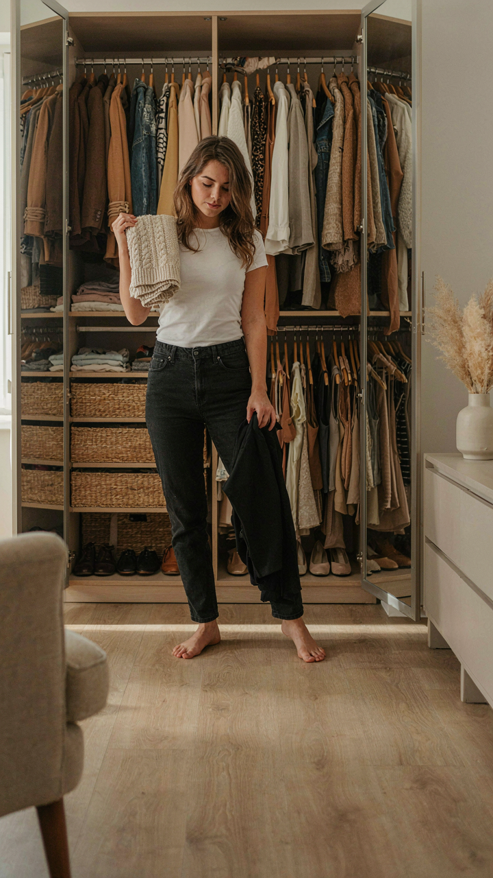 Woman looking at a cluttered closet with too many clothes.