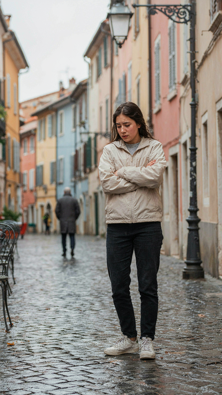 A person shivers in a light jacket on a cold, windy street.