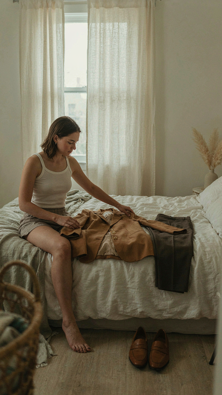 A person carefully lays out dressy casual clothes and shoes on a bed.