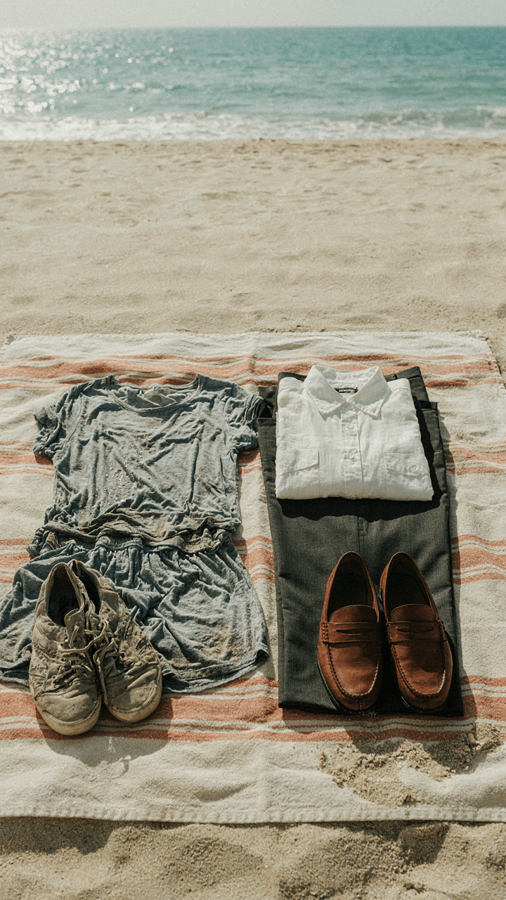 A crumpled casual outfit contrasted with a pristine tailored outfit on a beach towel.
