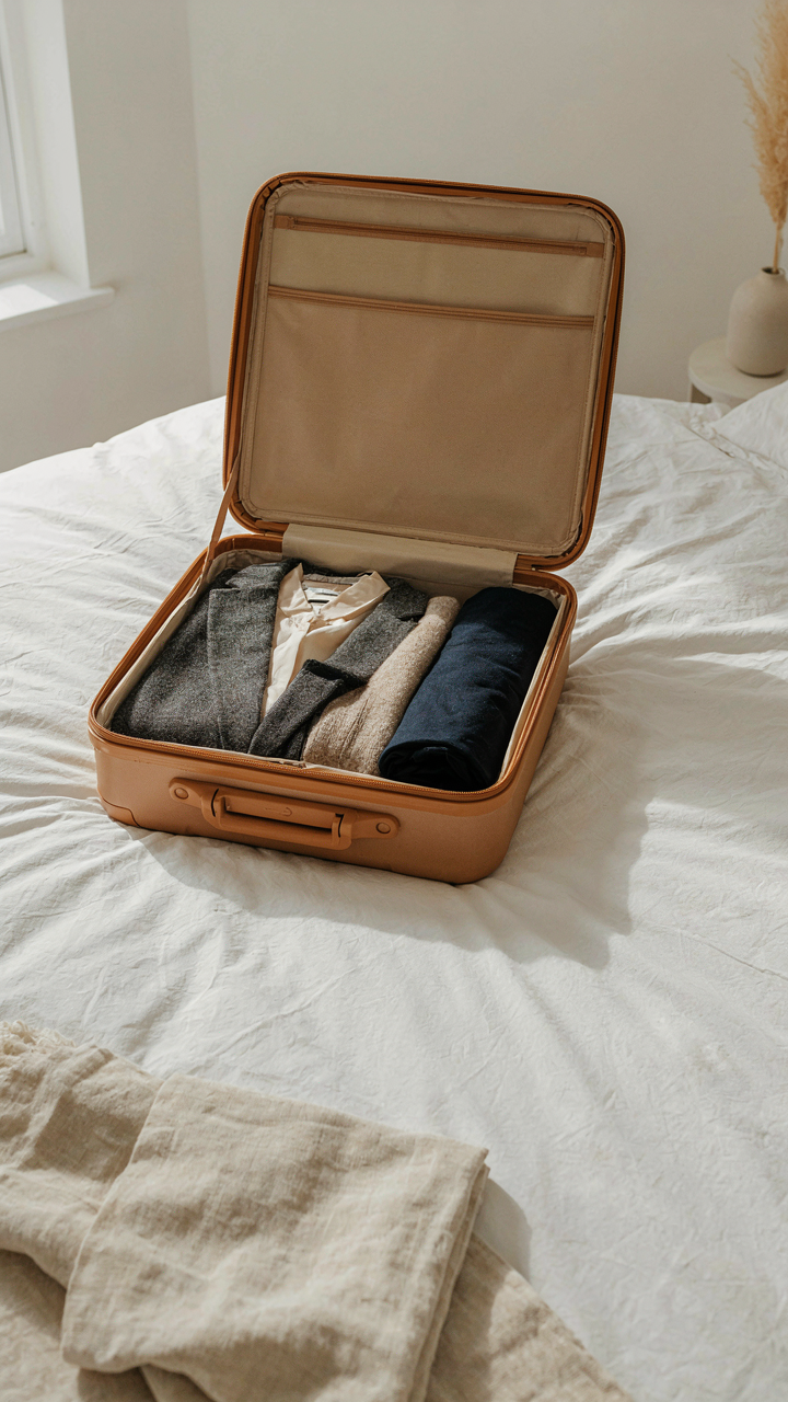 A minimalist suitcase lies open on a bed, showing a few versatile garments.