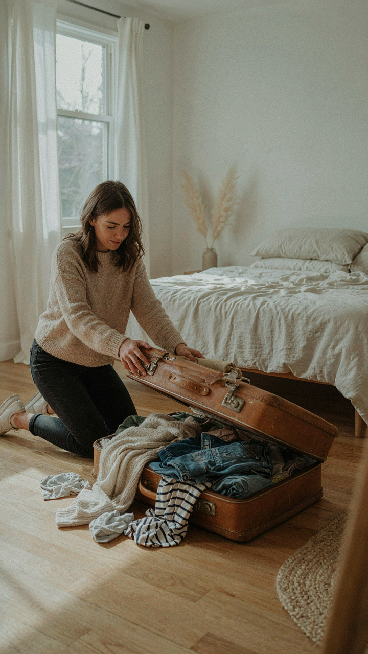 An overstuffed suitcase is bursting open with clothes spilling onto the floor.