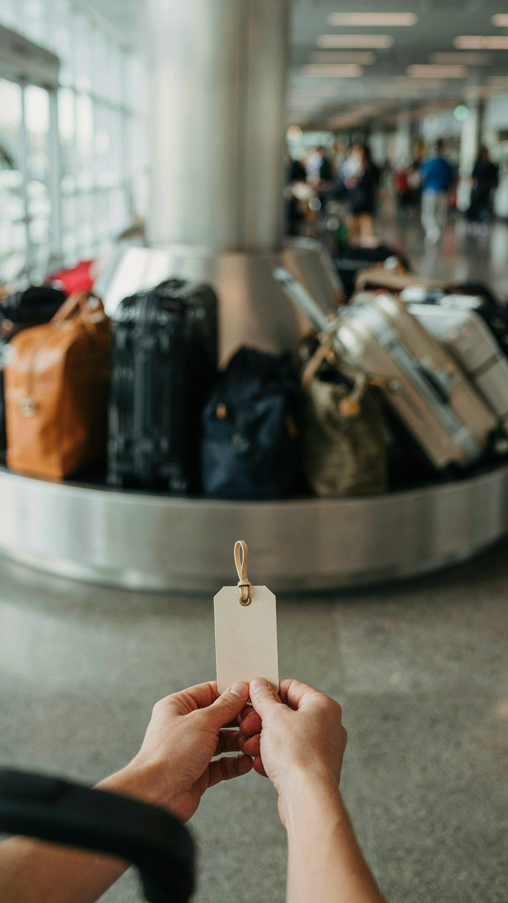 A person holding a luggage tag, surrounded by many suitcases.
