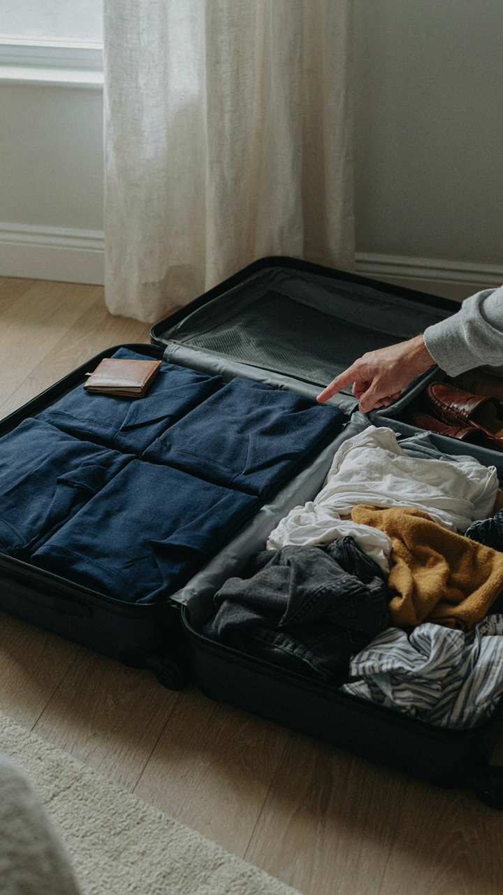 A hand points at one navy shirt among many similar ones in a half-packed suitcase.