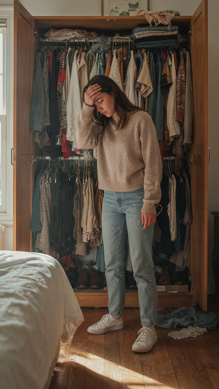 A person looks overwhelmed by a closet full of too many clothes.