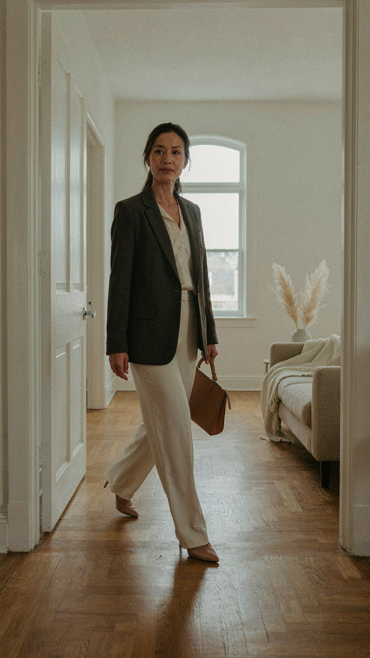 A confident woman in a tailored blazer and heels walks into a casual space.