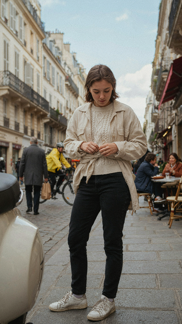 A person layers clothing, tying a jacket around their waist in a city, showing what to wear in