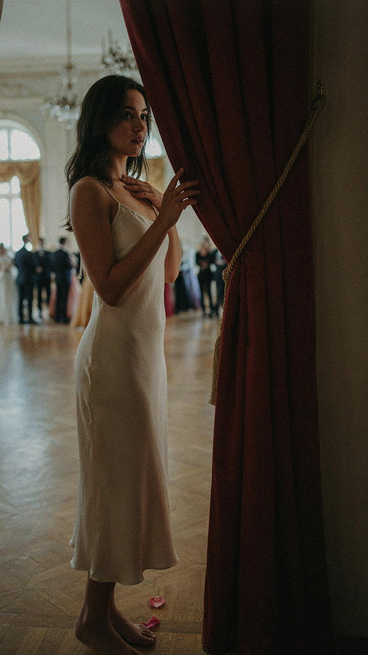 A woman observes a formal event through a gap in velvet curtains.