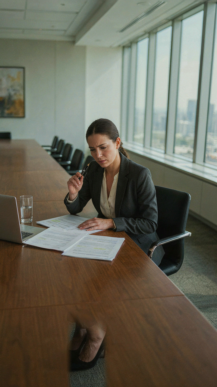 A woman looks confused at a contract with vague legal language, highlighting the ambiguity of what