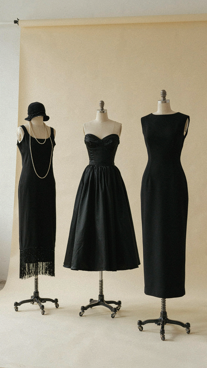 Three black dresses from different eras, showing how styles evolve over time.