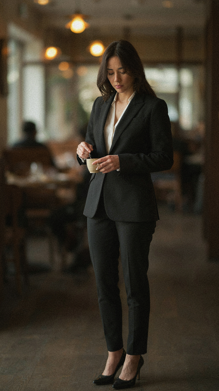 A woman adjusts her blazer while looking at a restaurant's website on a tablet.