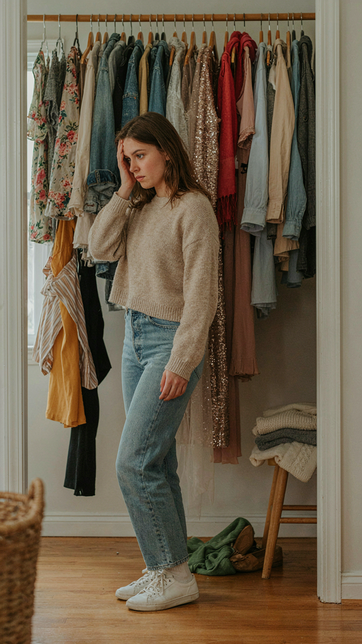 A person looks frustrated by a messy and overwhelming closet.