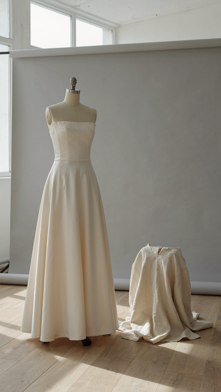 A structured gown with vertical seaming stands next to a shapeless, loose garment.