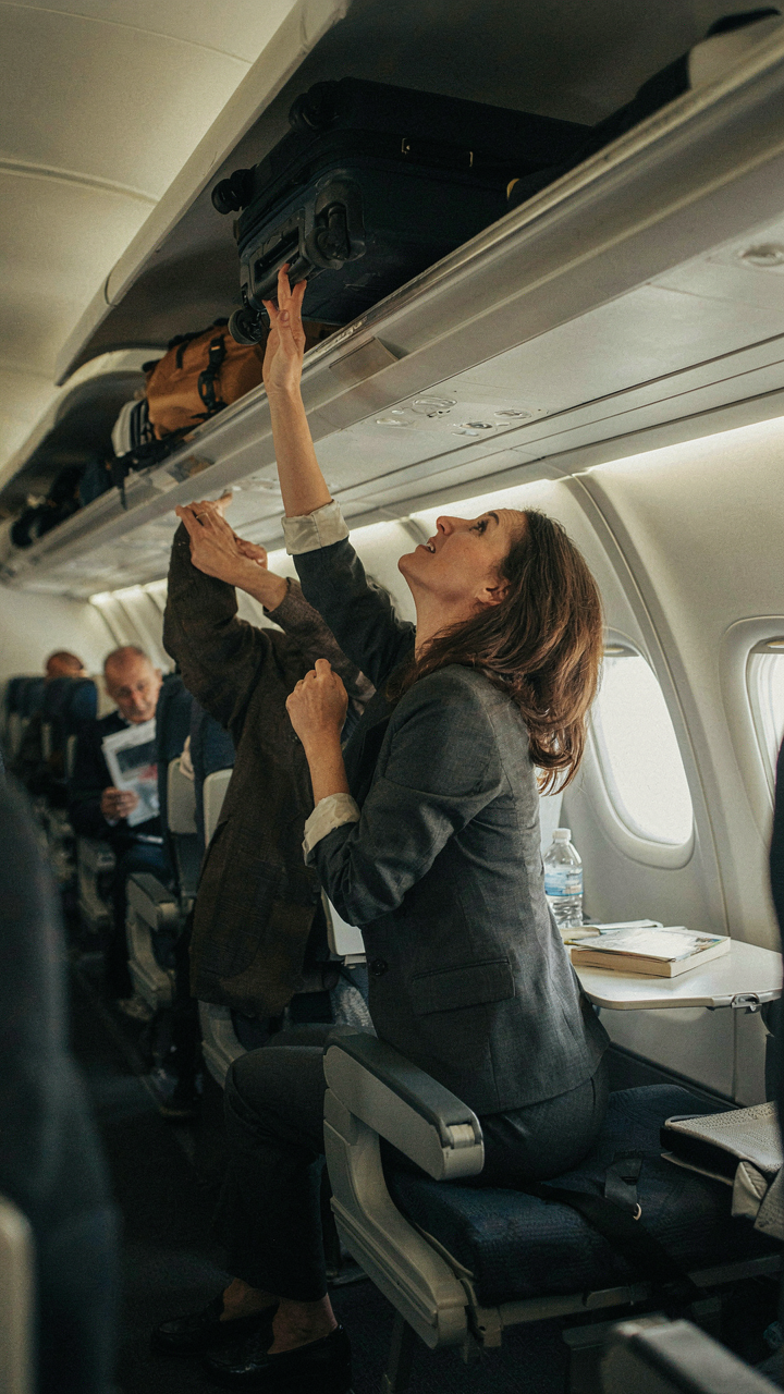 A woman struggles to reach her bag on a plane because her clothing is too stiff.
