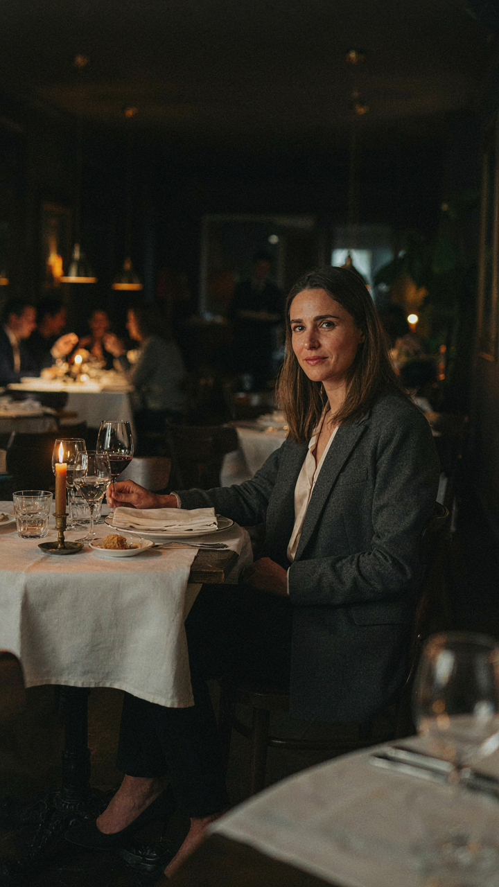 A person sits alone at a table in a dressy restaurant, looking comfortable.