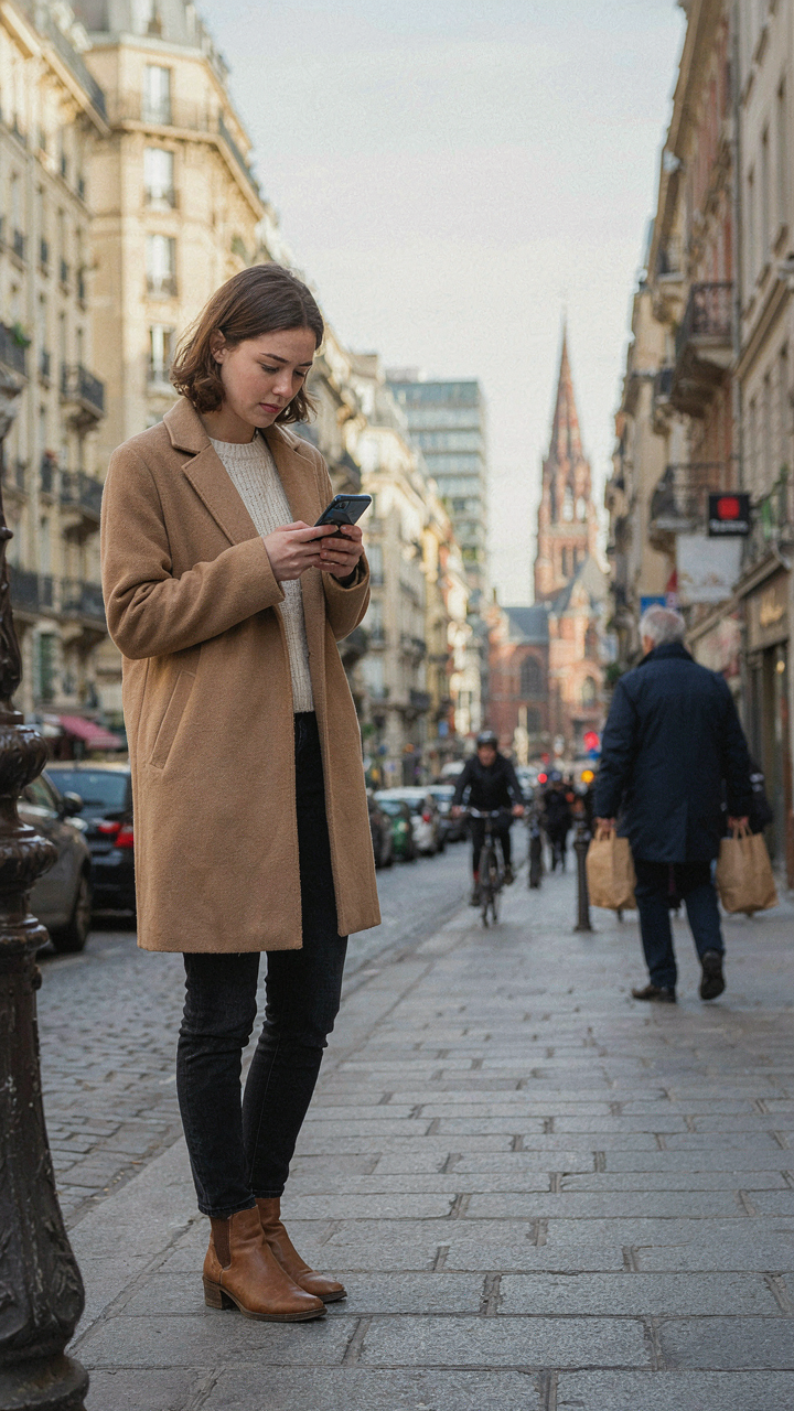 Person in a city looking at a map on a smartphone.