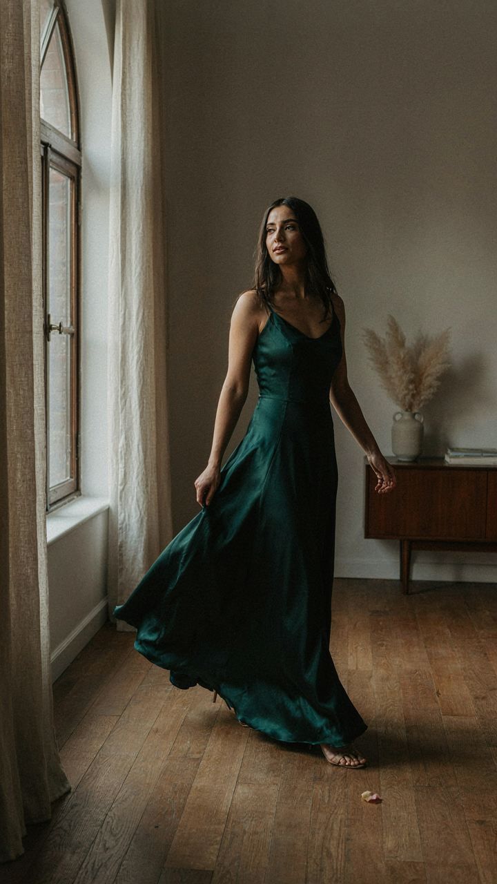 A woman in an evening gown sways slightly while walking, capturing natural movement.