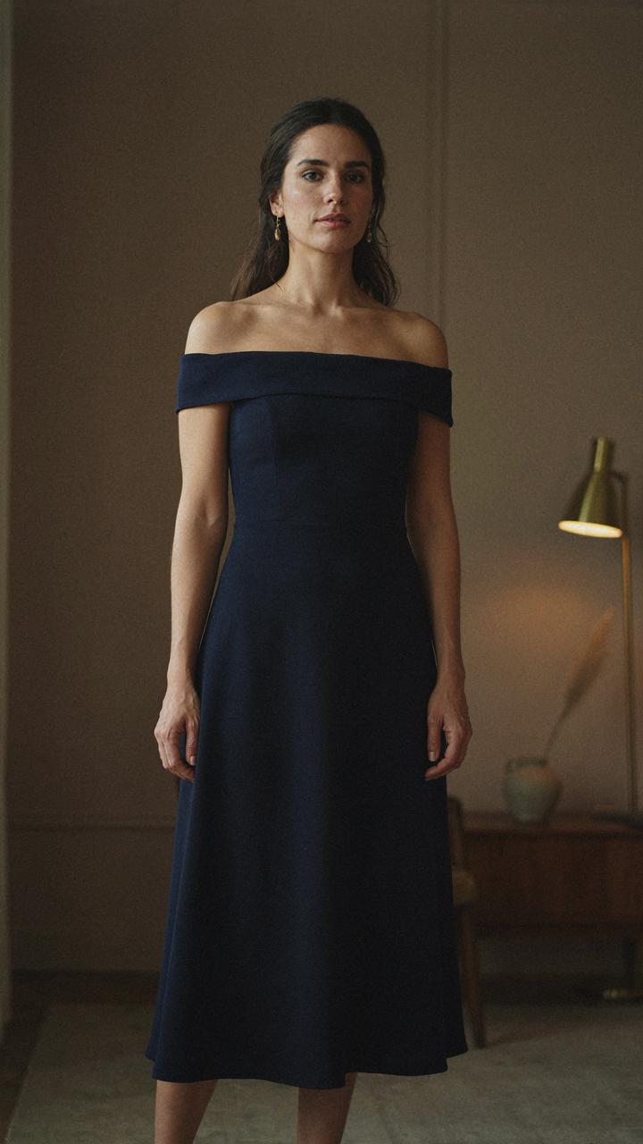 Woman in a sophisticated navy blue midi off shoulder dress.