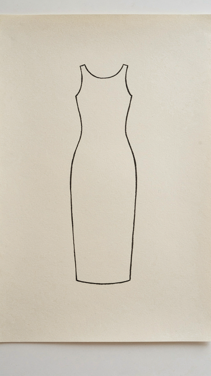 A design blueprint illustrating negative space and constrained silhouette for an outfit.