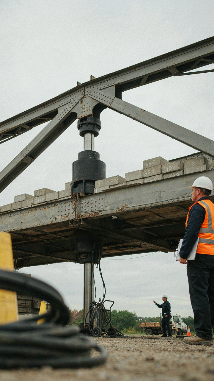 An engineer observes a single piece of a modular bridge undergoing a heavy weight test.