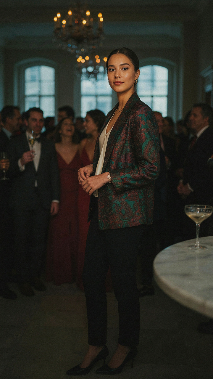 A person wears a patterned jacket with minimal accessories at a party.