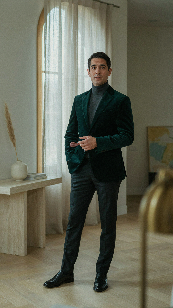 Man in a velvet blazer with a thin merino turtleneck underneath.