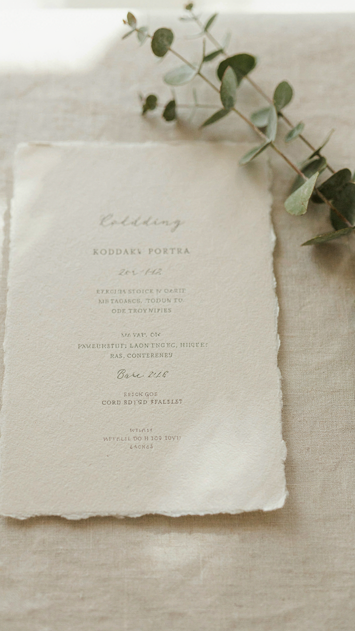 A close-up of a detailed wedding invitation showing the time and venue.