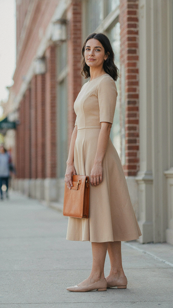 A woman in a midi dress holds a leather satchel at her hip.