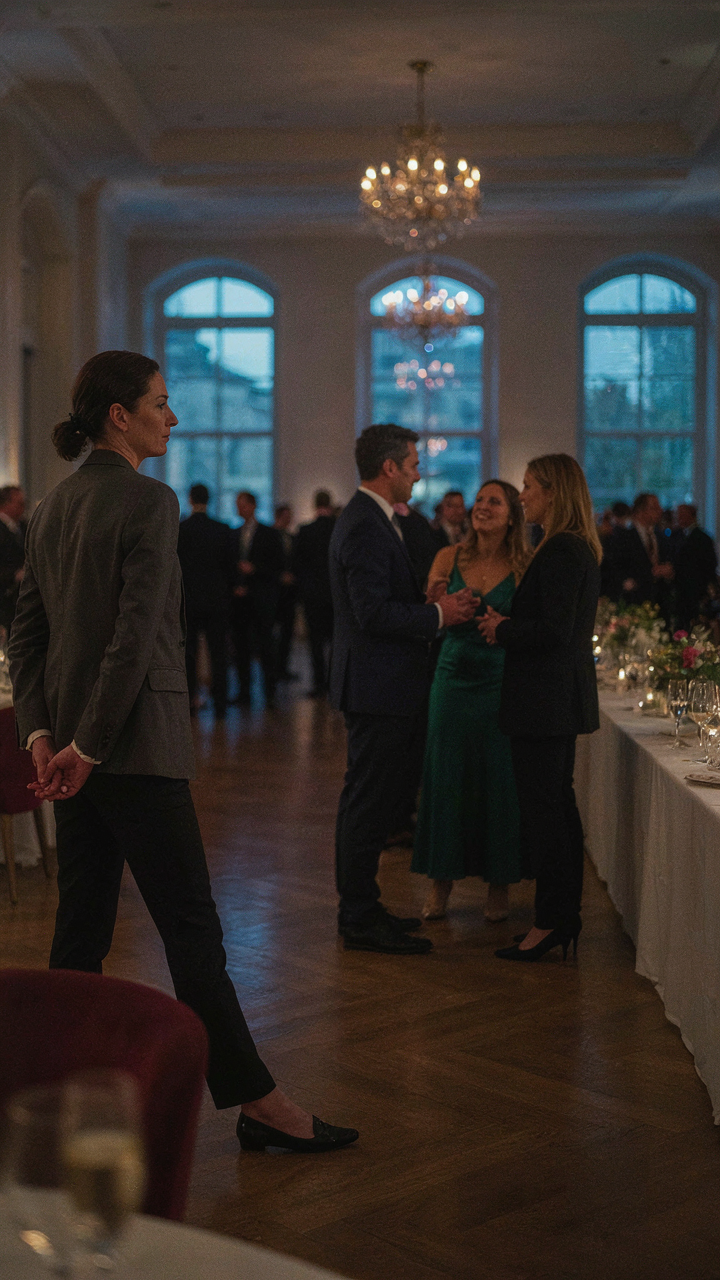 A person observes others' attire at a formal networking mixer.