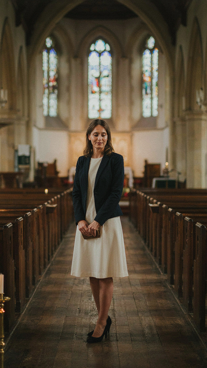 Woman in a modest dress and structured navy jacket in a church aisle.
