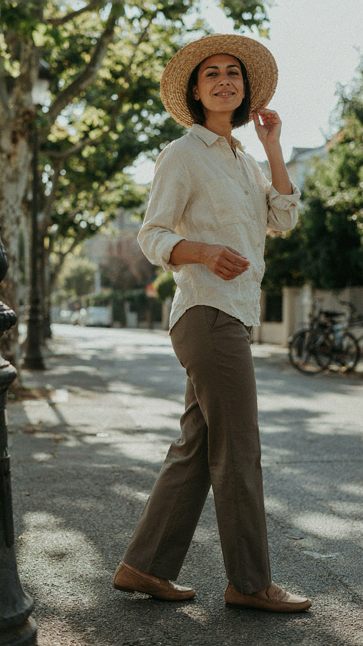 A confident woman wearing a straw hat, smiling outdoors.