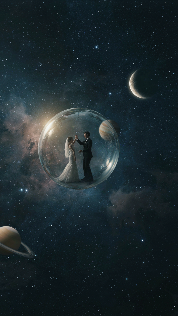 A clear glass wedding globe with tiny figurines inside, floating among stars.