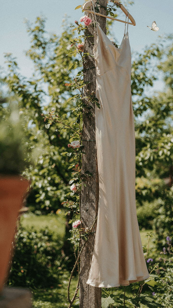 Morning sunlight shines brightly on a silk charmeuse dress hanging outdoors.