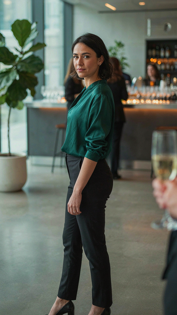 A person wears a polished office party outfit with tailored trousers and a silk blouse.