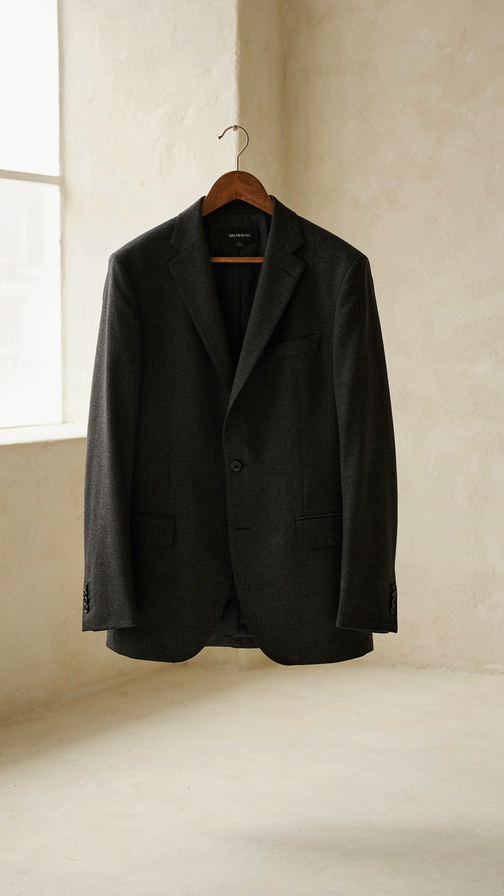 A classic, well-tailored dark wool blazer hangs on a wooden hanger.