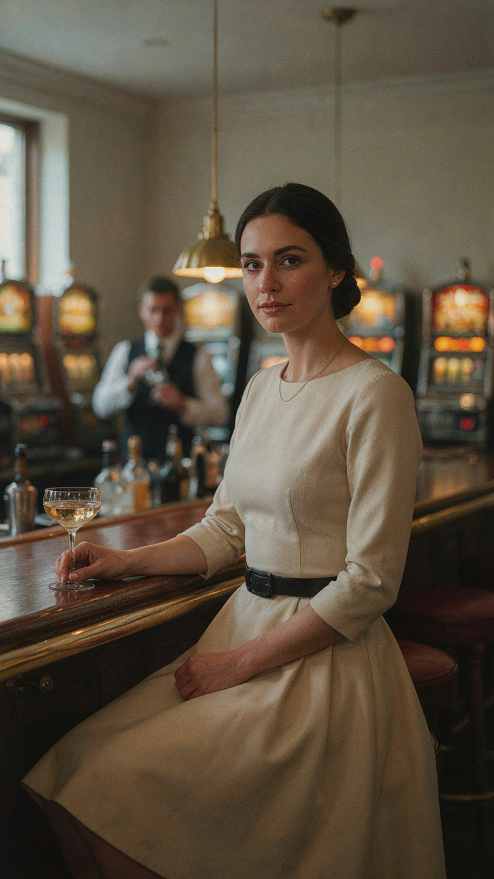 A woman in a structured A-line dress sits at a vintage casino bar.