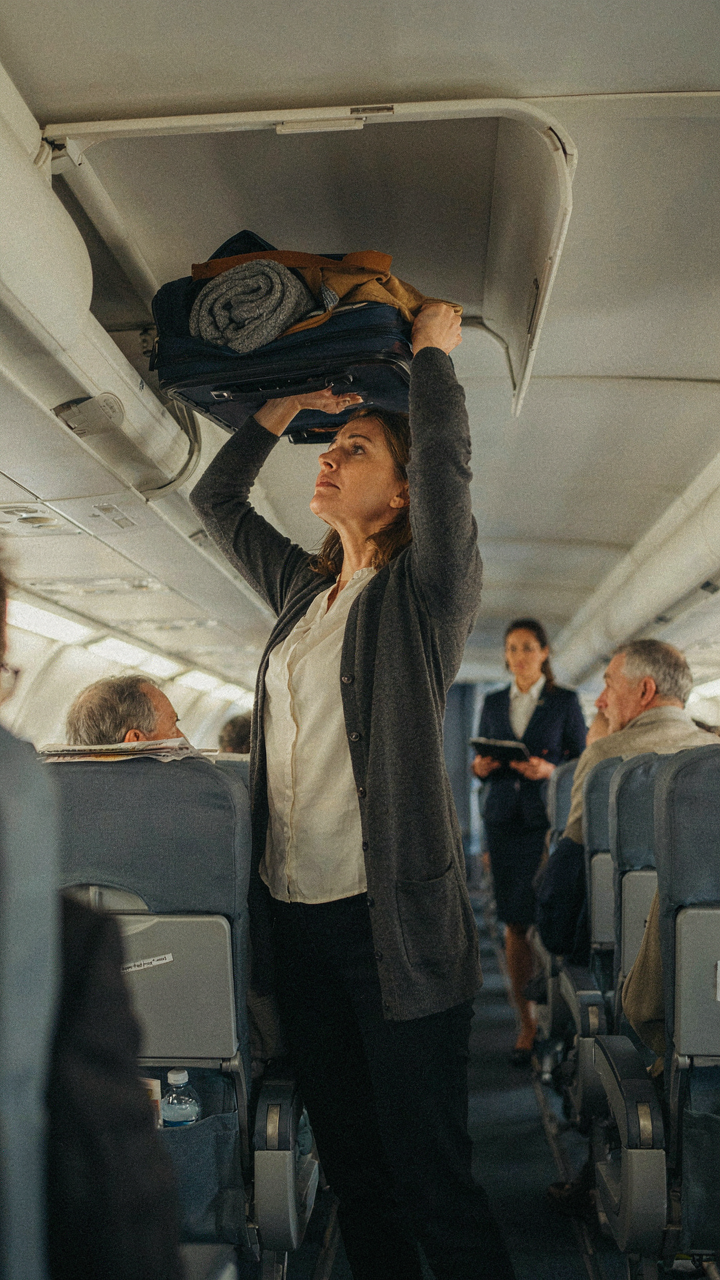A traveler struggles to fit an overstuffed carry-on bag into an airplane's overhead bin.