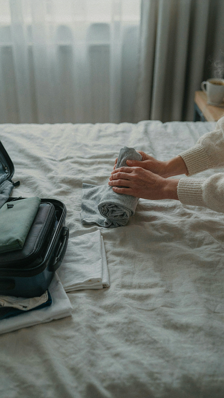 Hands rolling a t-shirt for compact packing into a carry-on suitcase.