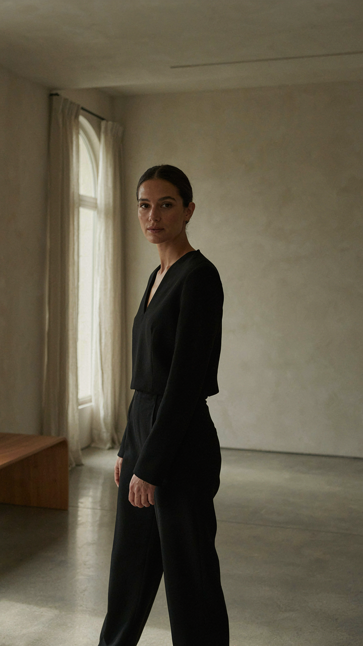 Woman wearing a sleek, elegant black jumpsuit in a sophisticated room.