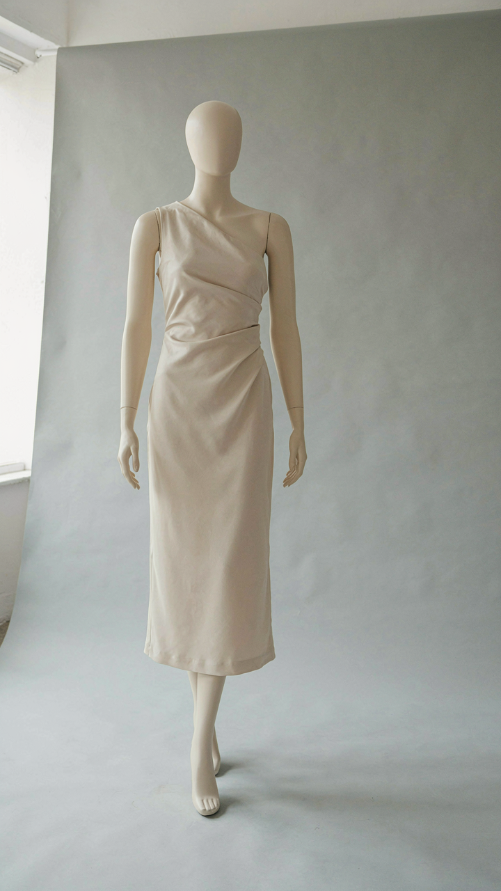 A mannequin displaying a modern one-strap midi dress in structured crepe fabric.