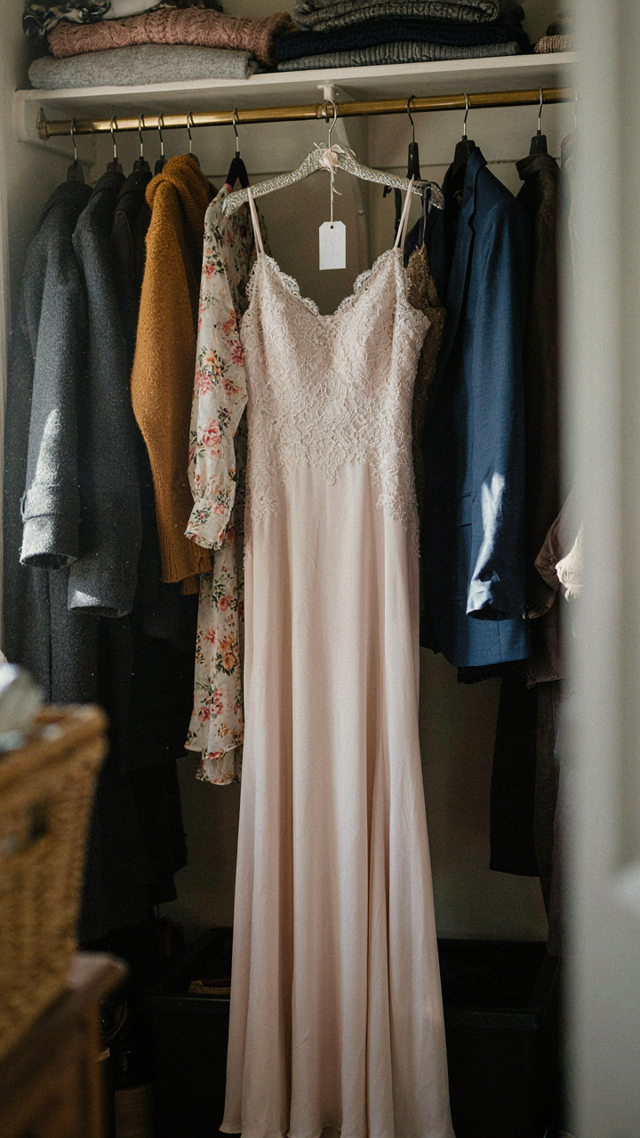 An unworn wedding guest dress hangs in a cluttered closet.