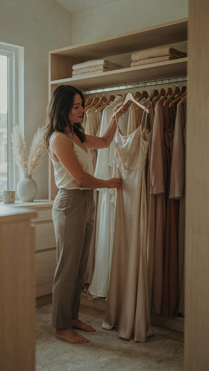 A woman confidently pulls out her favorite cocktail party dress from her closet.