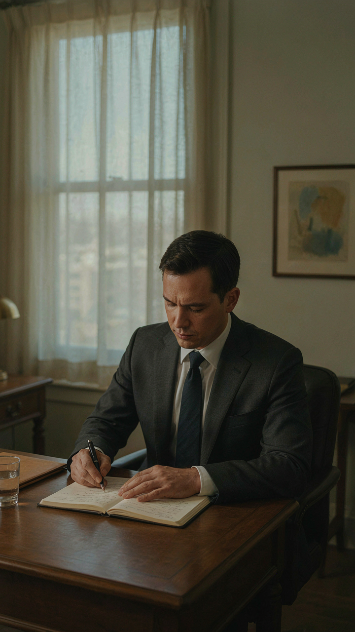 A well-dressed businessman intensely writes notes in a leather-bound notebook with a pen.