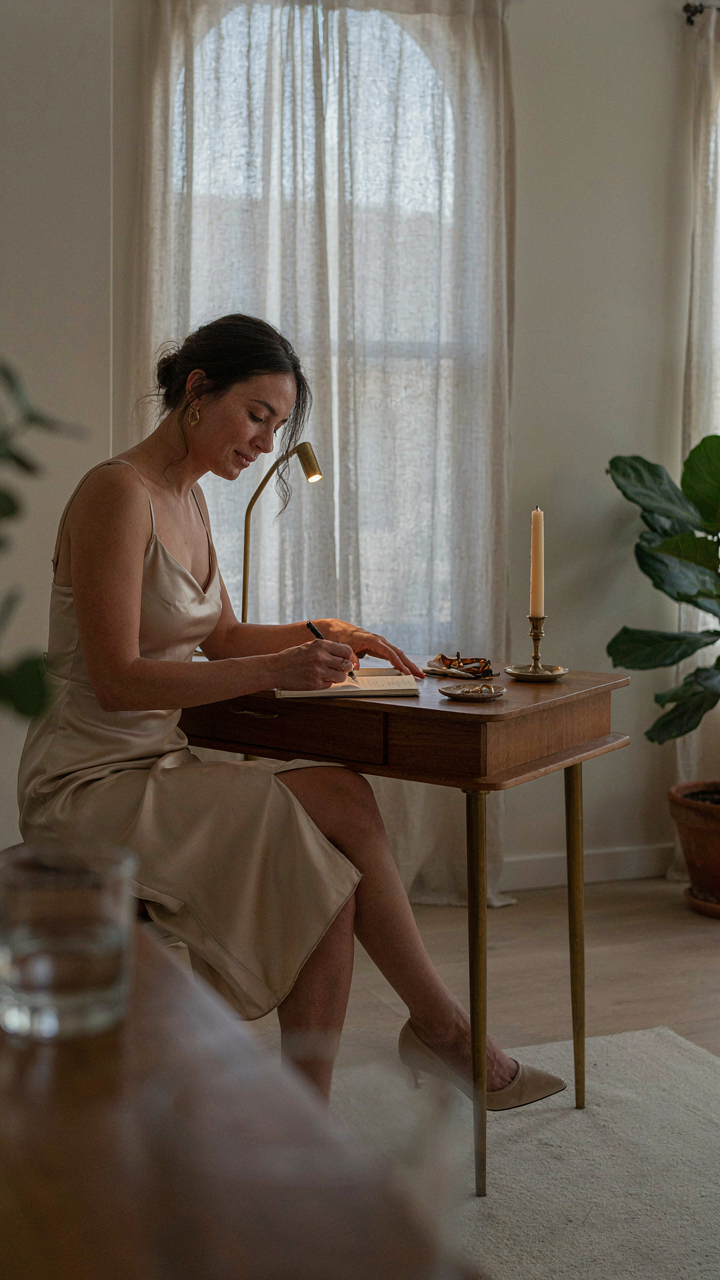 A woman in a cocktail dress writes in a journal at her elegant home desk.