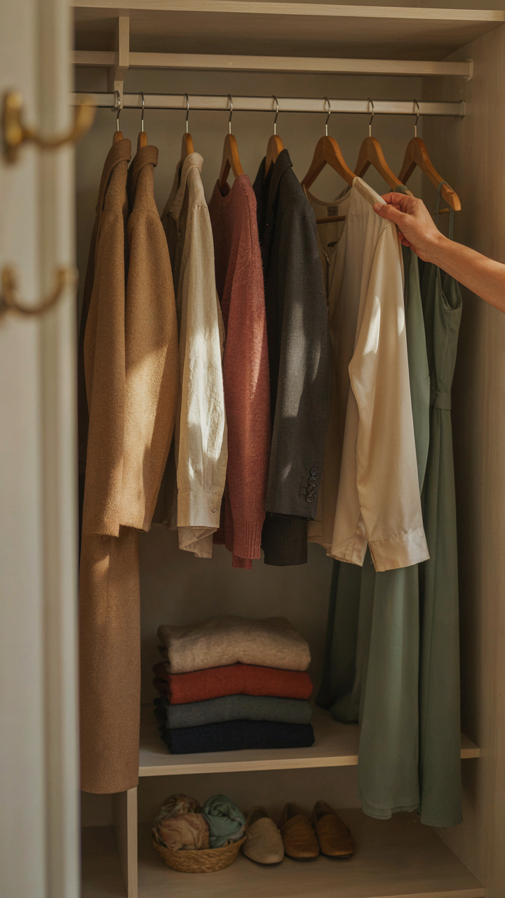 A hand reaches into a closet, choosing an elegant casual garment.