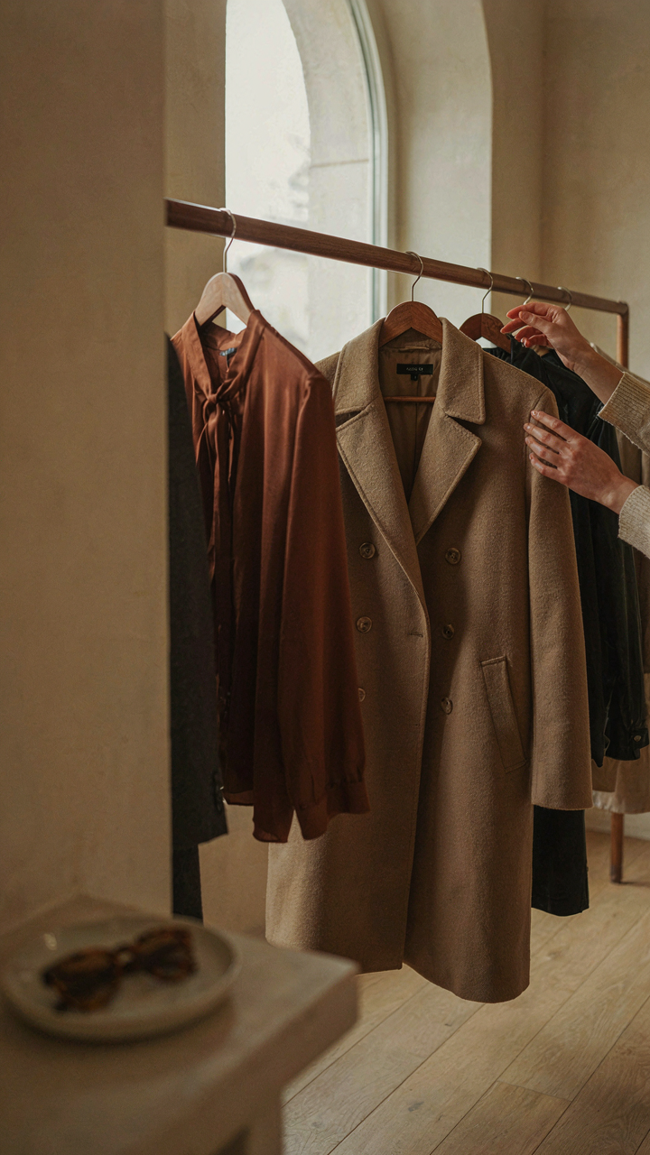 Hands thoughtfully selecting a unique, well-tailored piece of clothing.