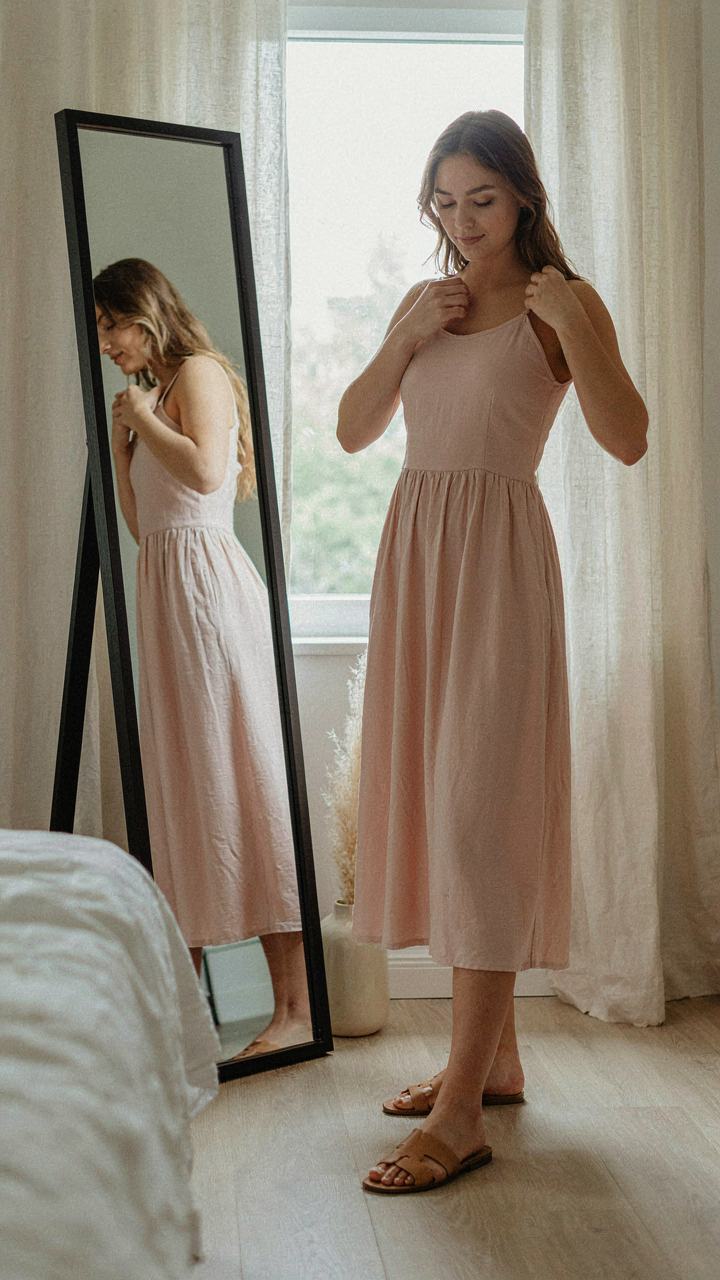 Woman adjusting a loose-fitting hot weather wedding guest dress in a mirror.